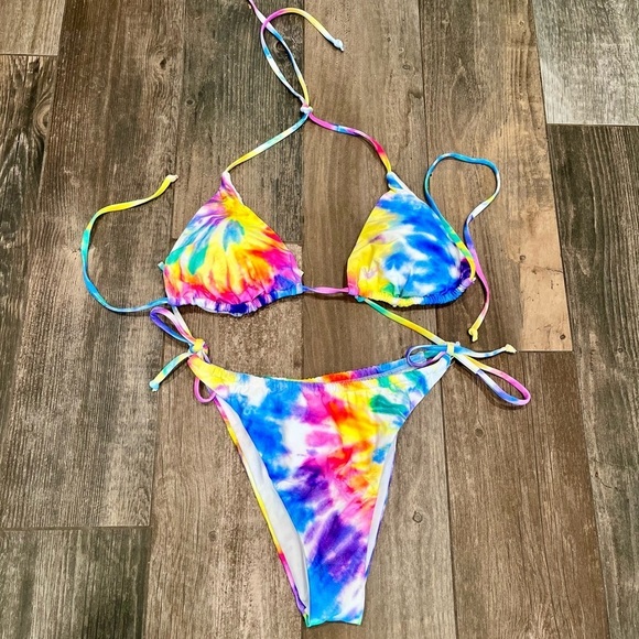 Hobie Tie Dye Rainbow String Bikini Sz XL To dye for Triangle Top & Side Thong - Picture 3 of 7